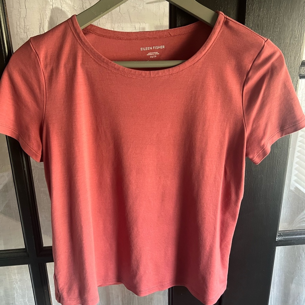 Eileen Fisher xs stretch top FALL orange casual cute soft ribbed short sleeve